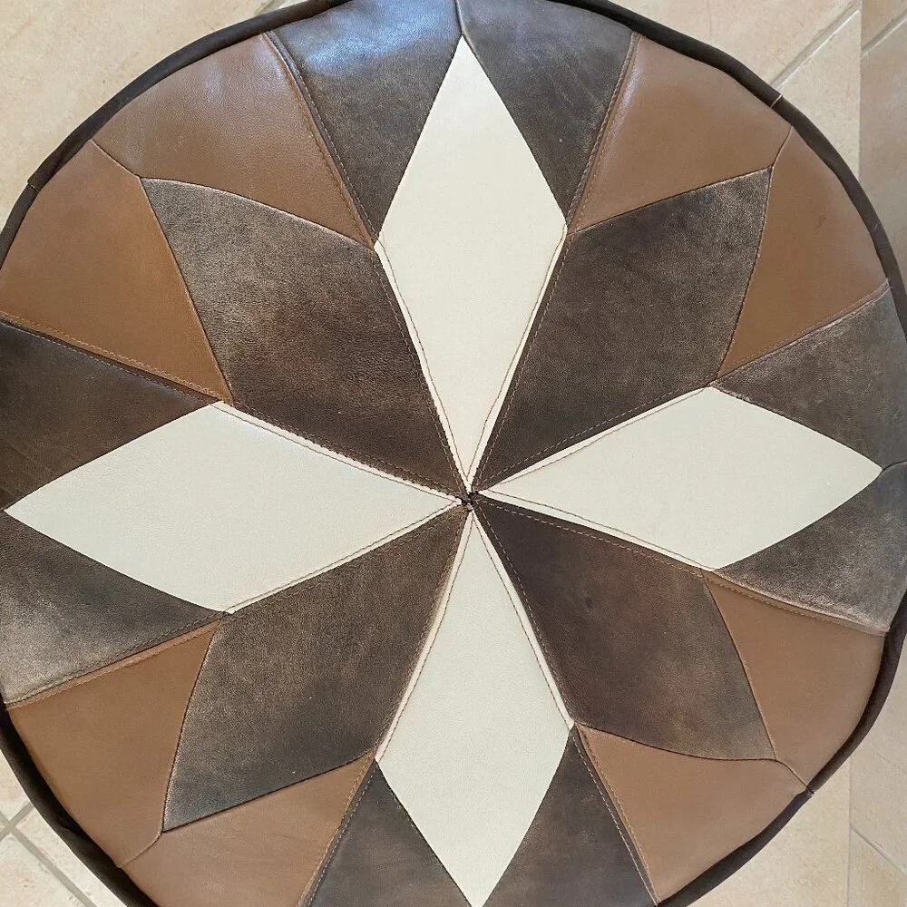 Round Leather Pouf Ottoman - Picture 3 of 7